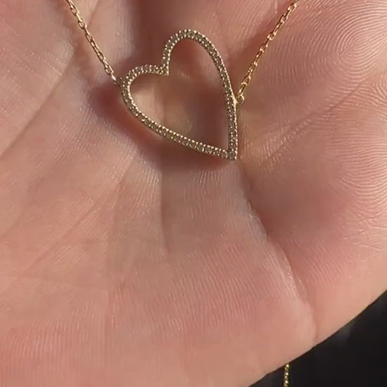 Diamond Heart Necklace / 14k Gold Diamond Heart Necklace / Tilted Heart Necklace / Birthday Gift / Graduation Gift / Anniversary Gift /