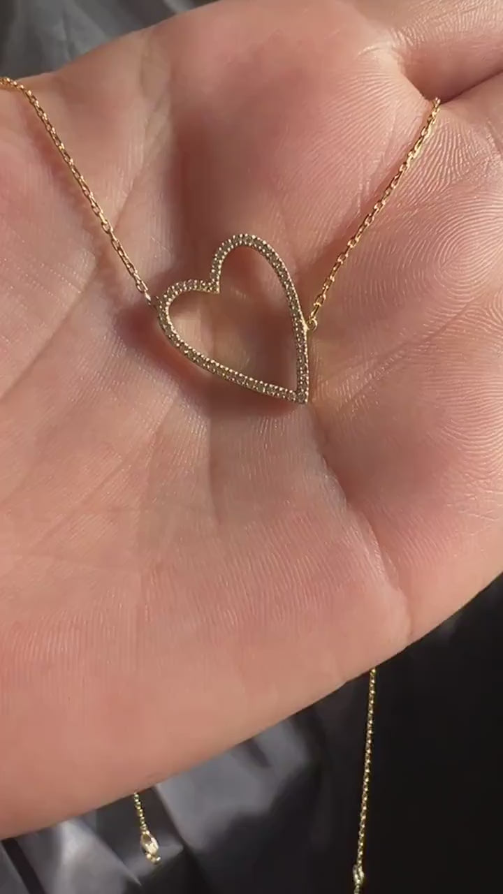 Diamond Heart Necklace / 14k Gold Diamond Heart Necklace / Tilted Heart Necklace / Birthday Gift / Graduation Gift / Anniversary Gift /