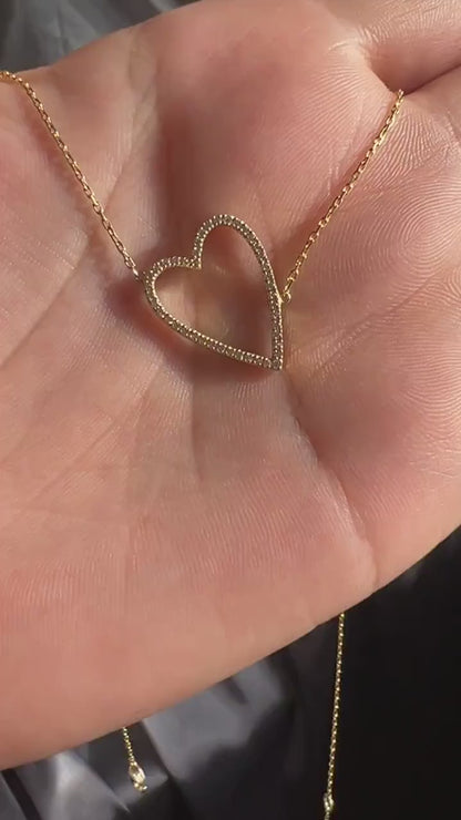 Diamond Heart Necklace / 14k Gold Diamond Heart Necklace / Tilted Heart Necklace / Birthday Gift / Graduation Gift / Anniversary Gift /