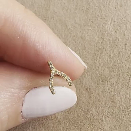 Diamond Wishbone Earrings / 14k Gold Diamond Wishbone Stud Earrings/ Dainty Diamond Studs / Diamond Anniversary Gift / Birthday Gift