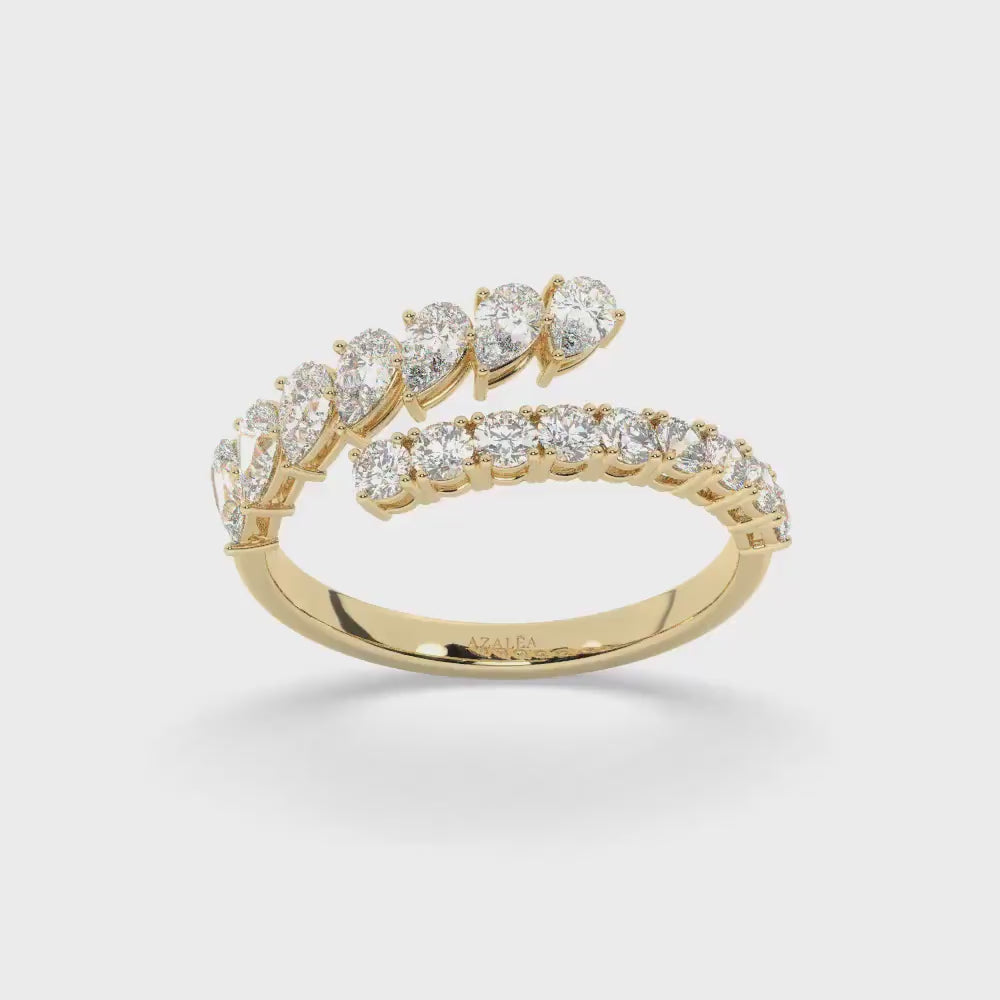 14k Gold Diamond Cuff Ring: Pear & Round Cut Statement Ring