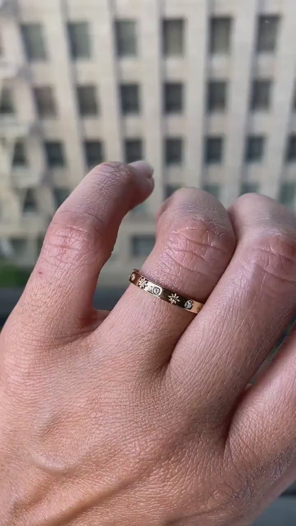 Diamond Eternity Wedding Band / 14k Gold Engraved Star Diamond Stacking Ring / Stackable Ring / Anniversary Gift / Diamond Engagement Band