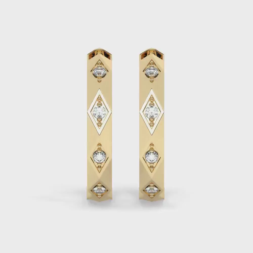 Diamond Huggie Earrings: 14k Gold Art Deco Hoop Earrings