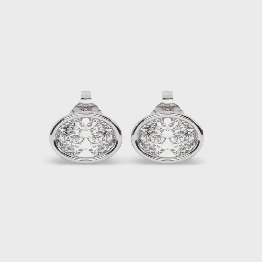 14k Gold Oval Diamond Studs: Bezel Set Baguette Earrings