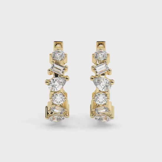 14k Gold Alternating Diamond Hoop Earrings / Multishape Diamond Huggie Earrings/ Anniversary Birthday Bridal Wedding Gift for her