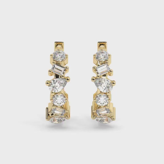 14k Gold Alternating Diamond Hoop Earrings / Multishape Diamond Huggie Earrings/ Anniversary Birthday Bridal Wedding Gift for her