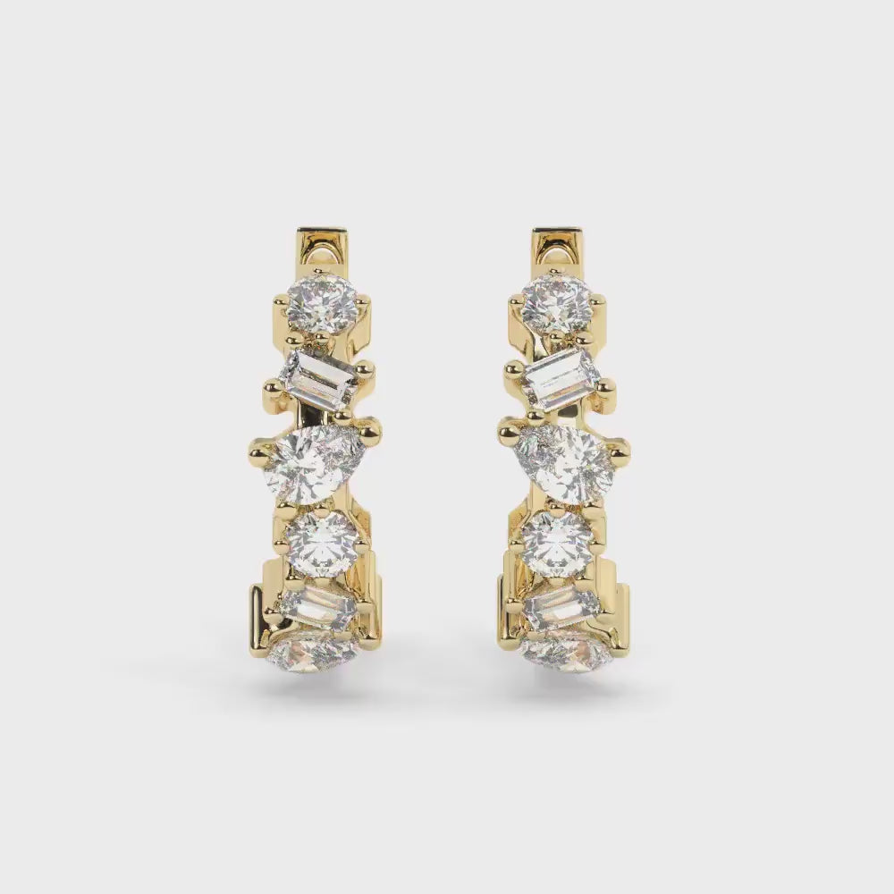 14k Gold Alternating Diamond Hoop Earrings / Multishape Diamond Huggie Earrings/ Anniversary Birthday Bridal Wedding Gift for her