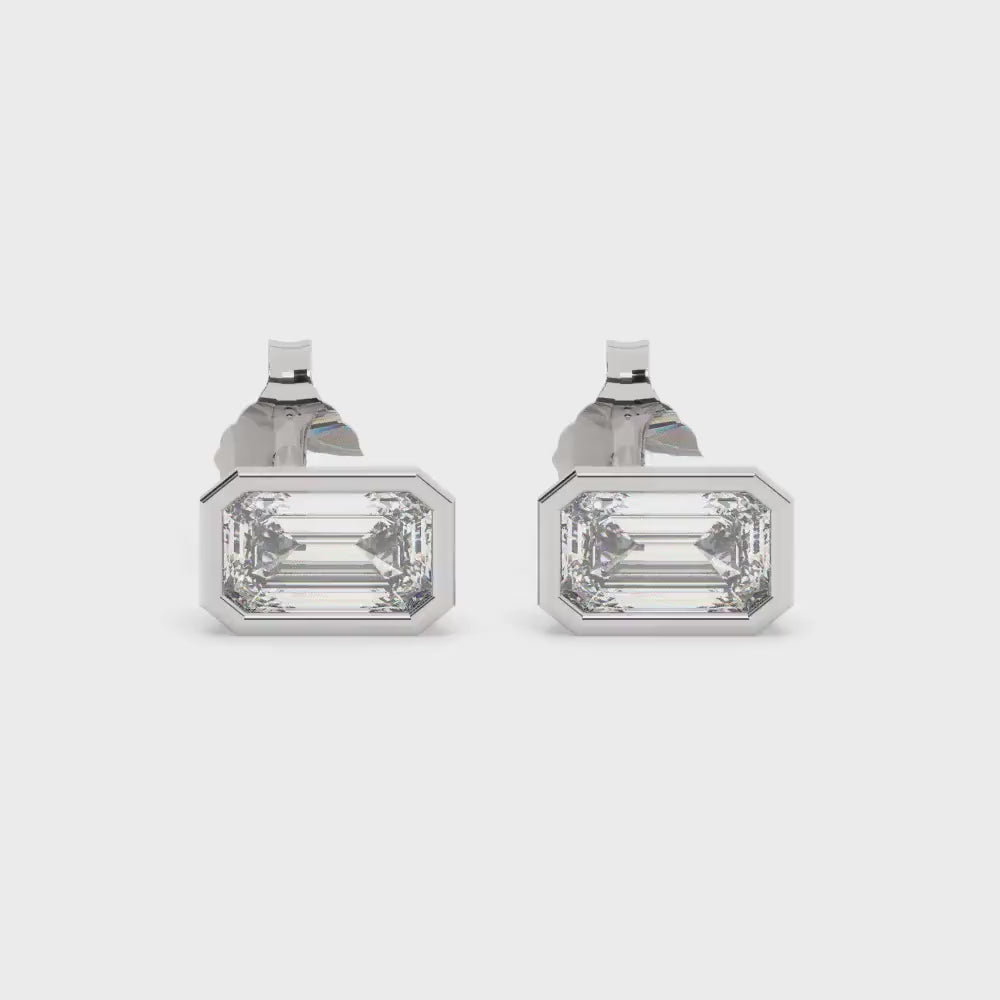 14k Gold Emerald Cut Diamond Studs: Dainty Bezel Set Earrings