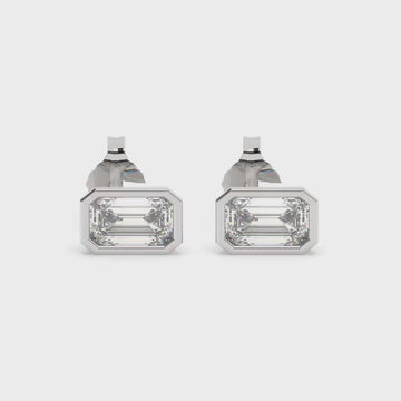 14k Gold Emerald Cut Diamond Studs: Dainty Bezel Set Earrings