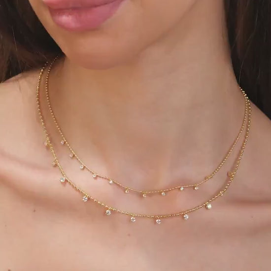 14k Gold Diamond Station Necklace: Dainty Ball Chain Layering Necklace Prong Set, Dainty Gold