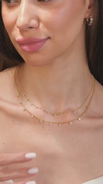 14k Gold Diamond Station Necklace: Dainty Ball Chain Layering Necklace Prong Set, Dainty Gold