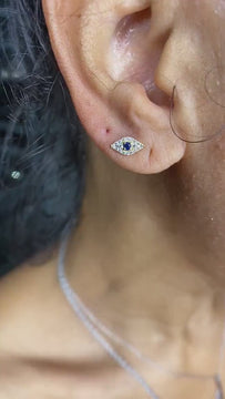 Diamond Evil Eye Stud Earrings / 14k Gold Evil Eye Sapphire and Diamond Stud Earrings / Birthday Gift / Evil Eye Gift Ideas