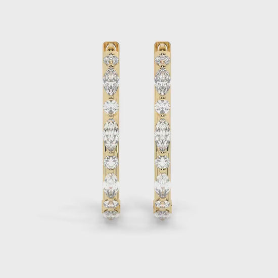14k Gold Diamond Hoop Earrings: Marquise & Round Cut Huggies