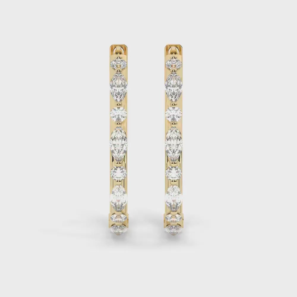 14k Gold Diamond Hoop Earrings: Marquise & Round Cut Huggies