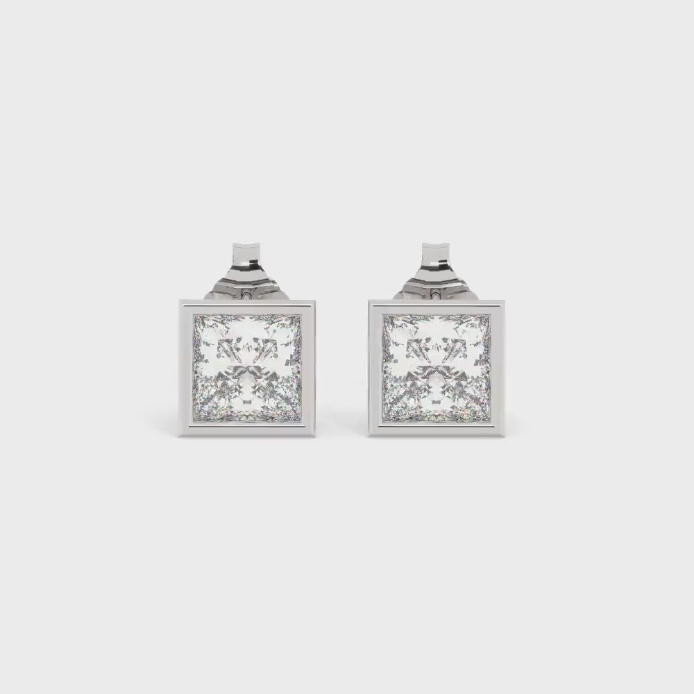 14k Gold Princess Cut Diamond Stud Earrings: Bezel Set Solitaire