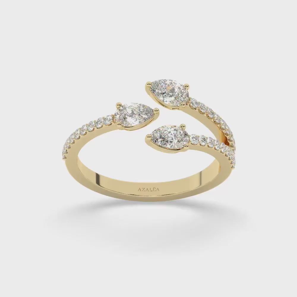 Triple Pear Diamond Cuff Ring / 14k Gold Diamond Statement Ring / Diamond Anniversary Ring / Birthday Wedding