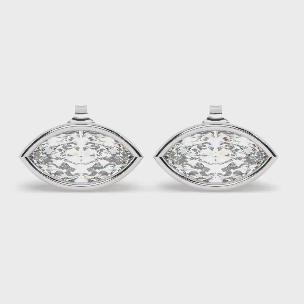 14k Gold Marquise Diamond Stud Earrings: Bezel Set Solitaire