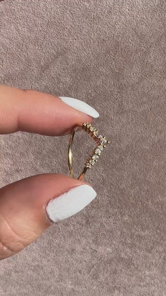 14k Gold V Shape Marquise Diamond Wedding Ring / Curved Stacking Ring / Diamond Chevron Ring / Contour Wedding Bands