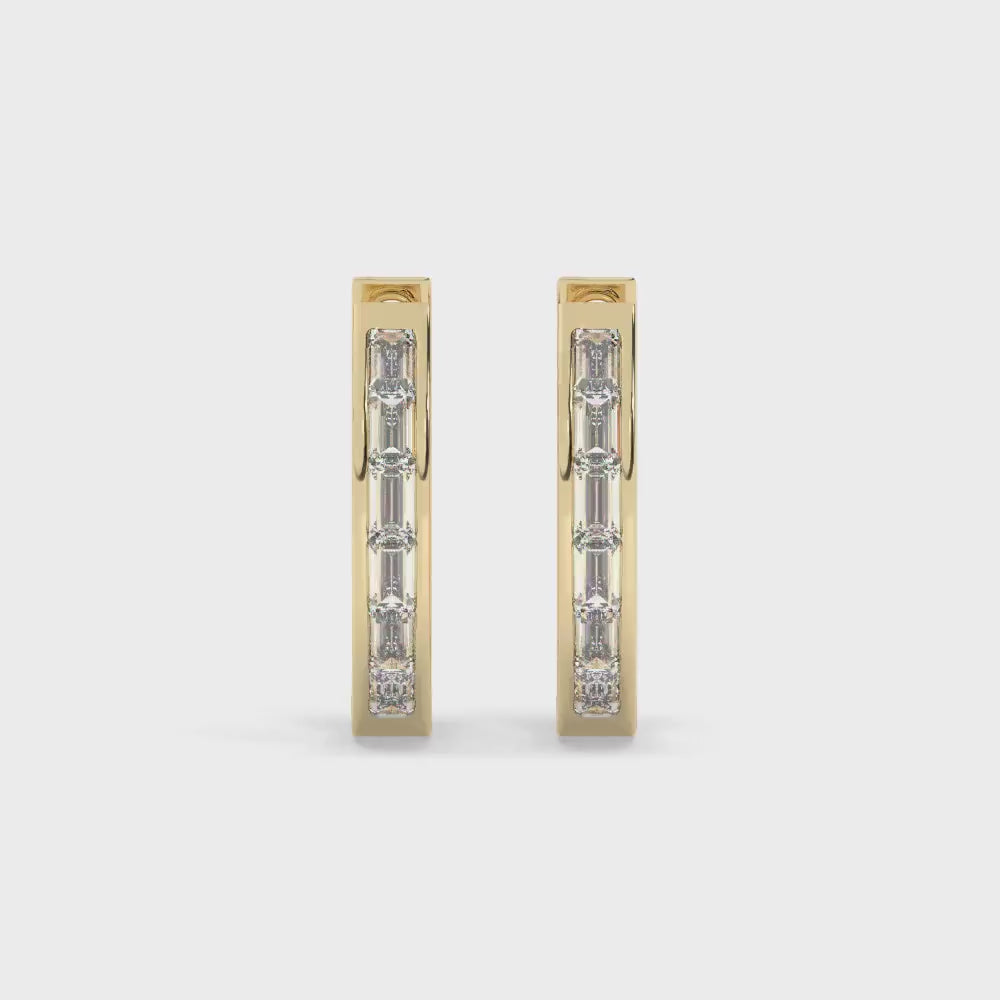 14k Gold Baguette Diamond Hoop Earrings: Huggie Style