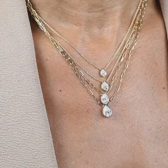 Pear Cut Diamond Solitaire Necklace: 14k Gold Bezel, Paperclip Chain