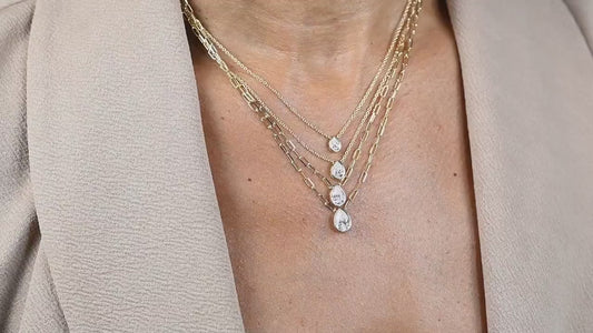 Pear Cut Diamond Solitaire Necklace: 14k Gold Bezel, Paperclip Chain