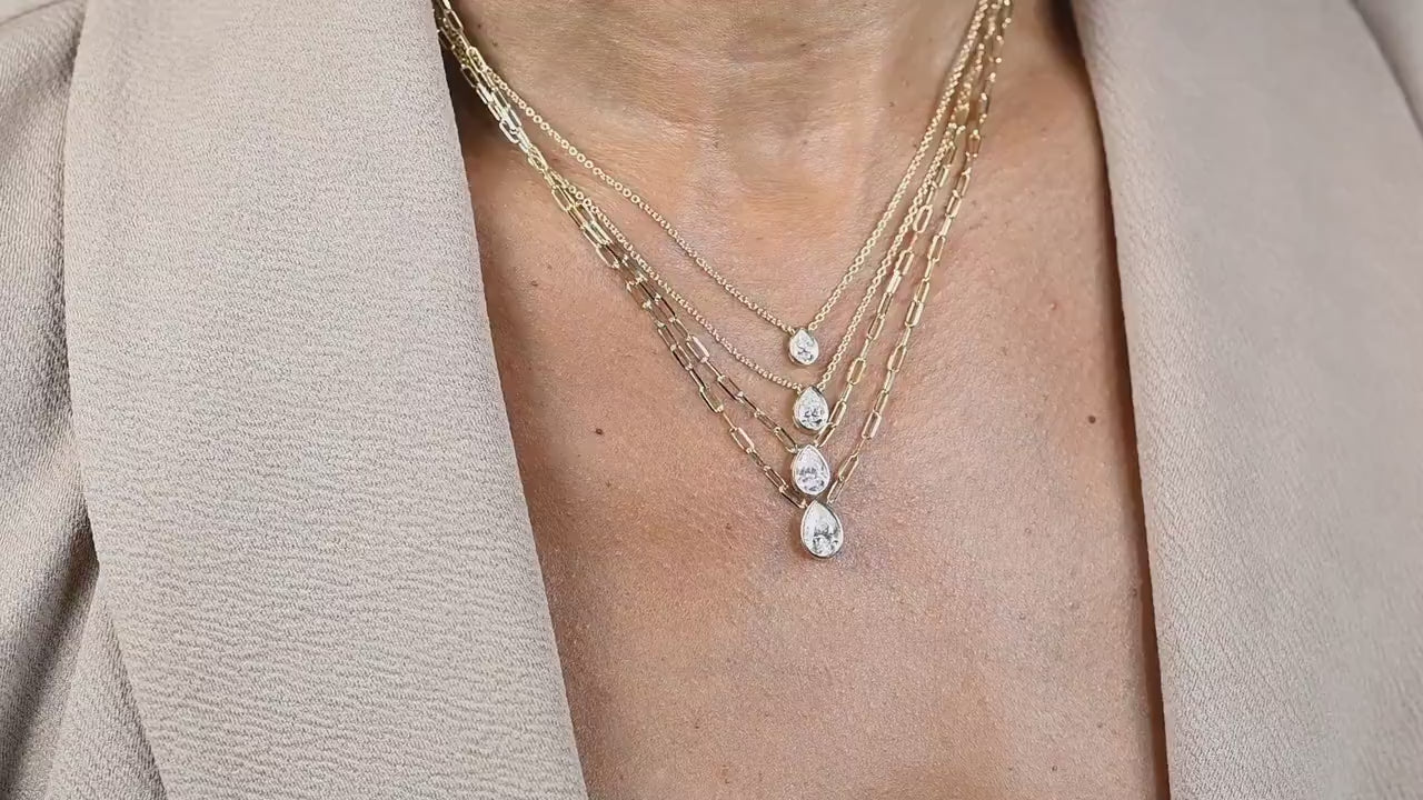 Pear Cut Diamond Solitaire Necklace: 14k Gold Bezel, Paperclip Chain