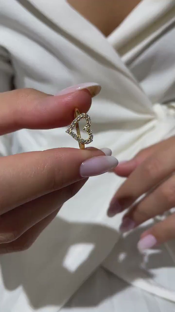 Diamond Heart Ring / 14k Gold Heart Stacking Band / Love Ring / Heart Ring / Dainty Heart Ring / Gift Ideas / Pave Open Heart Gold Ring