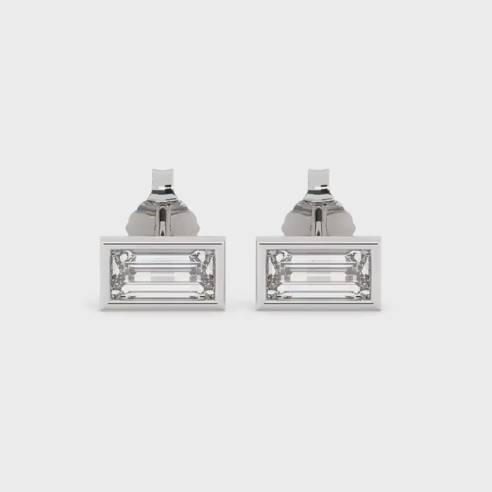 14k Gold Baguette Diamond Stud Earrings: Minimalist Bezel Set
