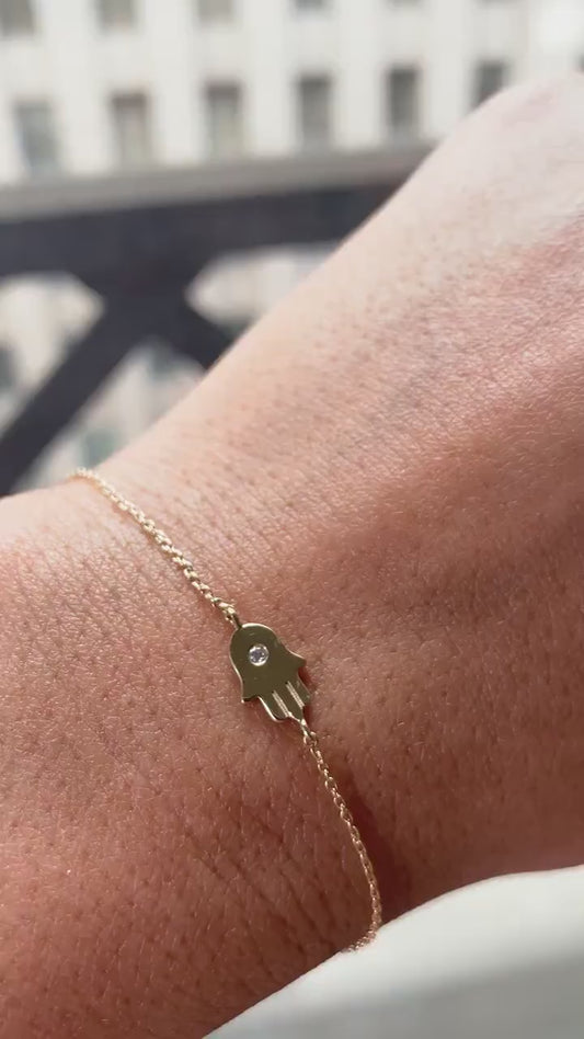 Diamond Hamsa Bracelet / 14k Single Diamond Hamsa Protection Bracelet / Protection Jewelry / Holiday Gift / Birthday Gift