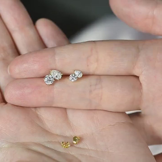 14k Gold Toi Et Moi Diamond Stud Earrings: Round & Pear Cut