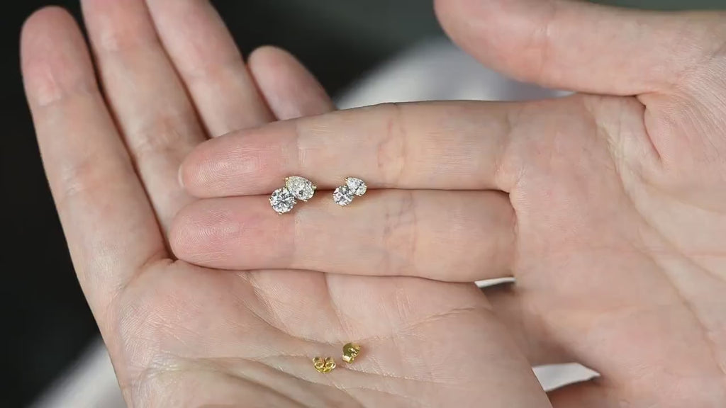14k Gold Toi Et Moi Diamond Stud Earrings: Round & Pear Cut