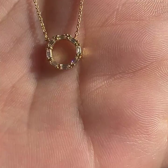 Diamond Circle Necklace / 14k Gold Baguette Diamond Disc Necklace / Dainty Diamond Necklace / Fancy Diamond Necklace / Holiday Gift