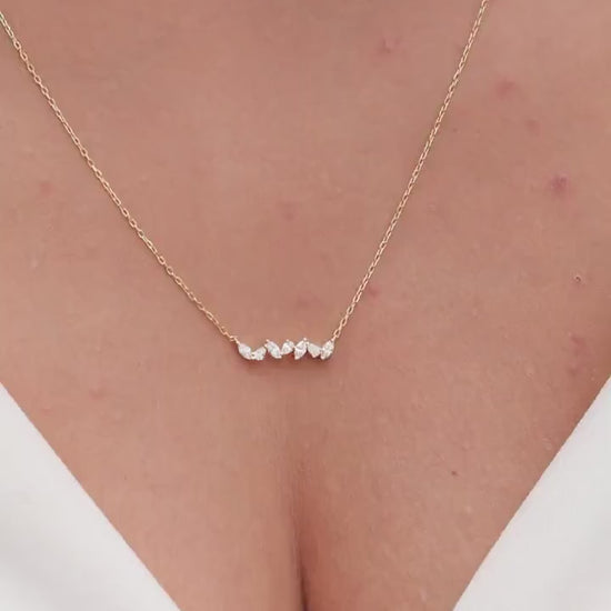 14k Gold Diamond Bar Necklace: Marquise & Pear Cut Stones