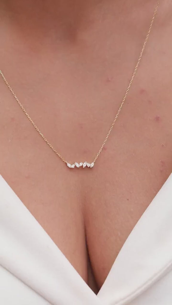 14k Gold Diamond Bar Necklace: Marquise & Pear Cut Stones