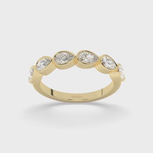 14k Gold Pear Diamond Bezel Half Eternity Wedding Band/ Anniversary Gift/ Promise Statement Ring/ Bridal Set/ Natural Lab Moissanite Options
