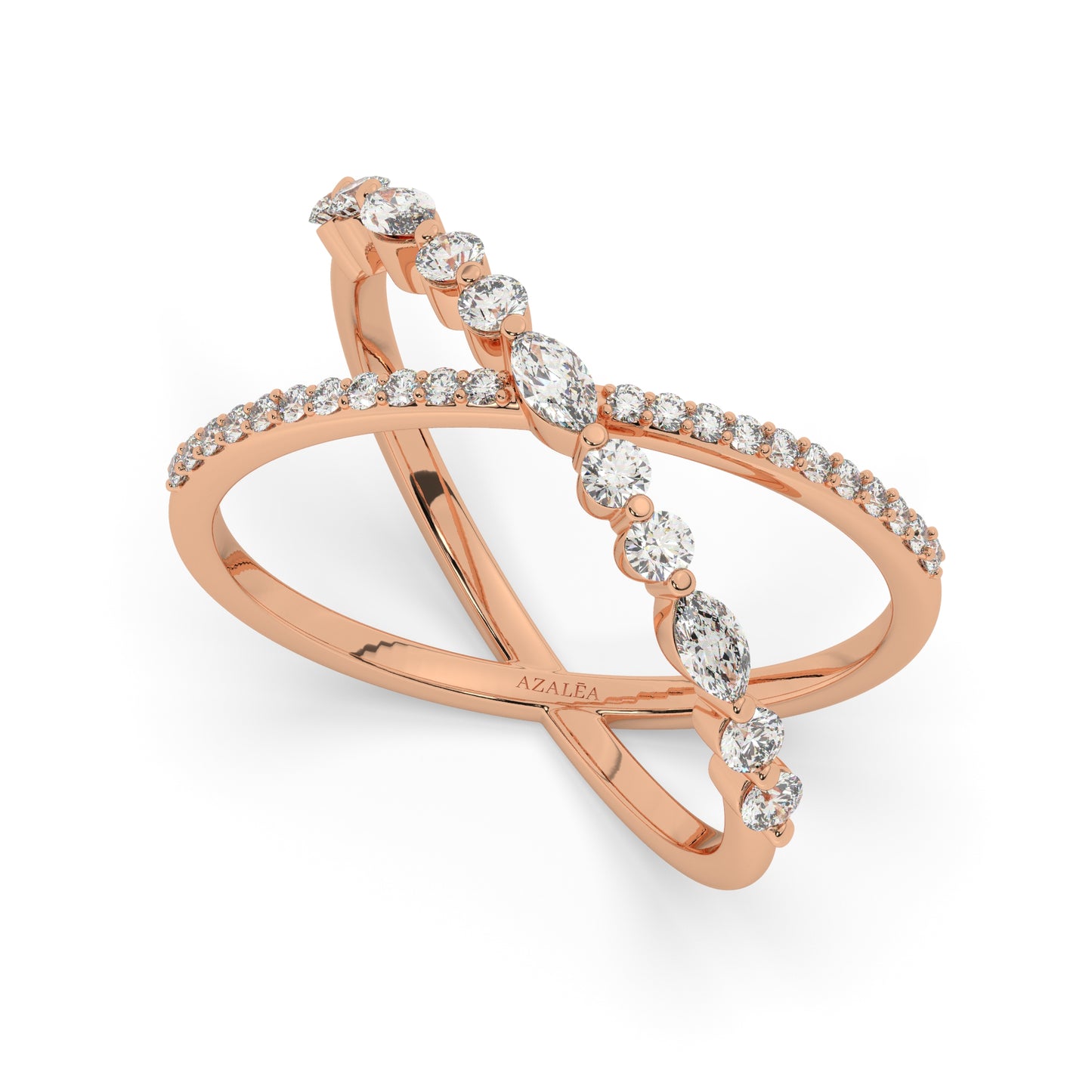 Gold Marquise and Round Diamond Criss cross Stacking Ring