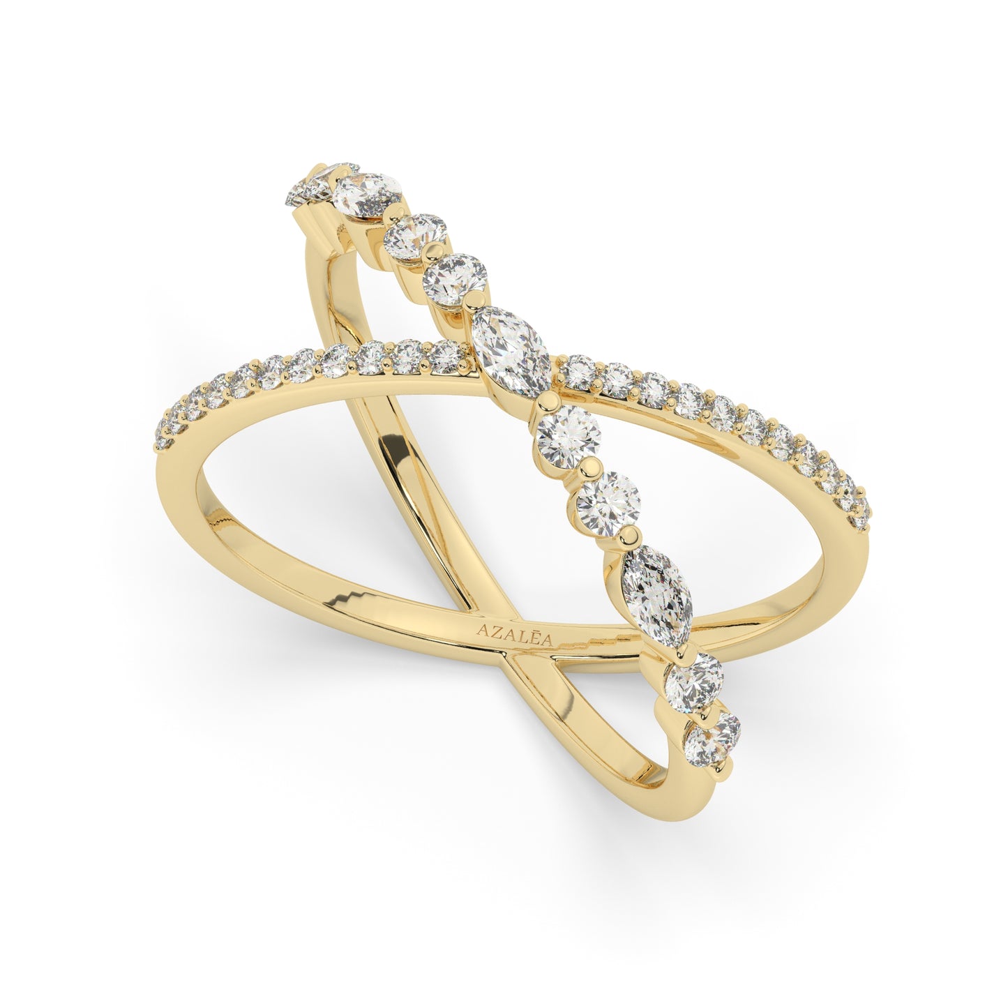 Gold Marquise and Round Diamond Criss cross Stacking Ring