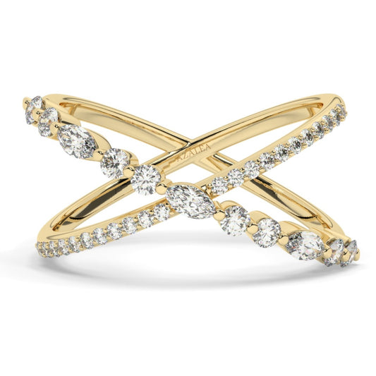 Gold Marquise and Round Diamond Criss cross Stacking Ring