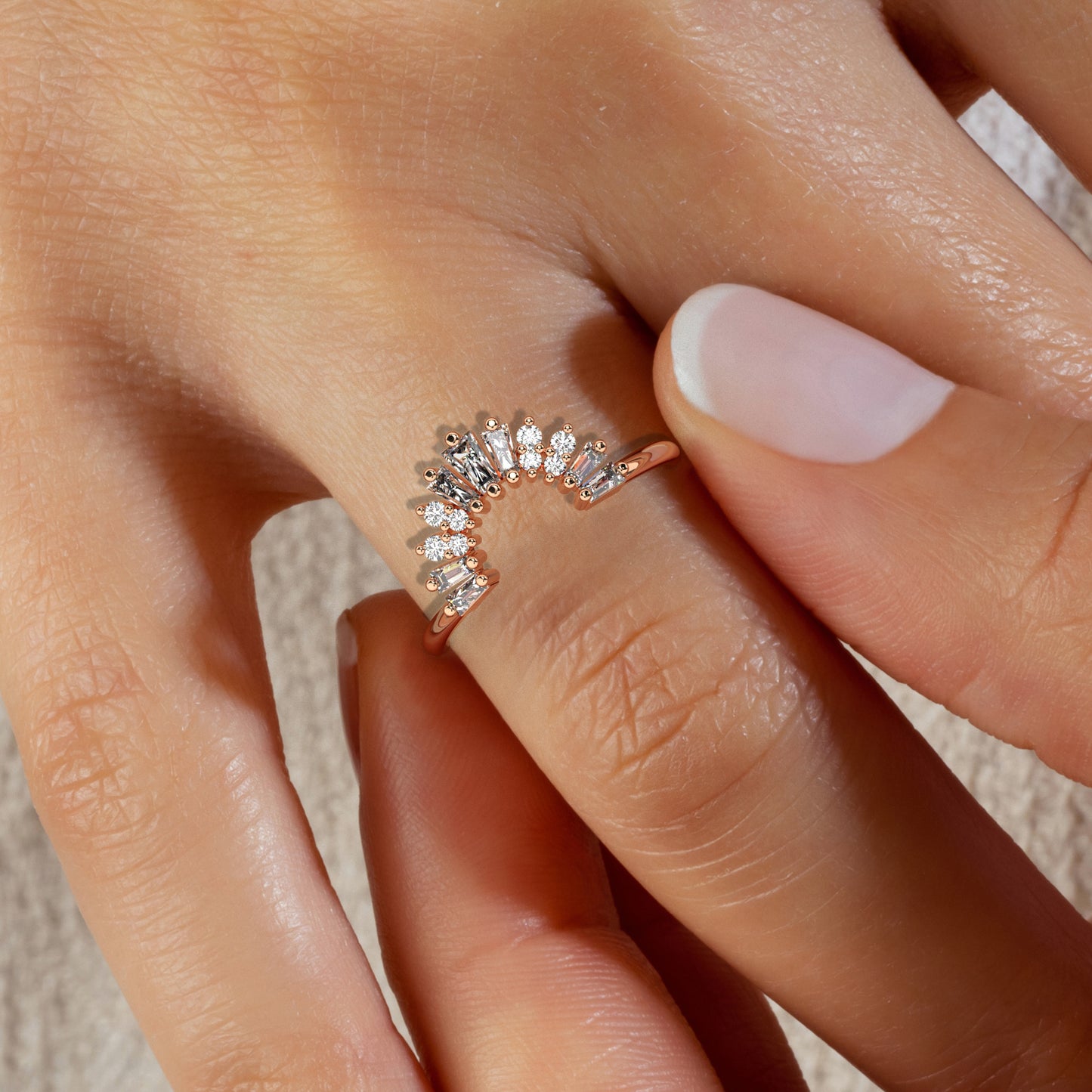 Curved Gold Baguette Round Diamond Wedding Band