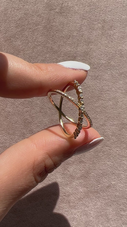 Gold Marquise and Round Diamond Criss cross Stacking Ring