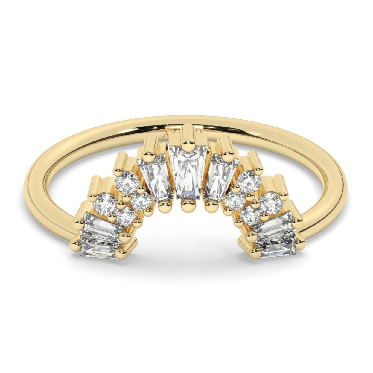 Curved Gold Baguette Round Diamond Wedding Band