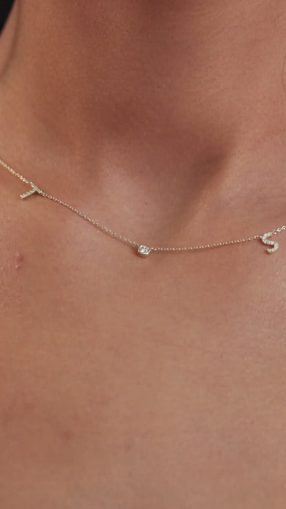 Diamond Double Initial Necklace with Solitaire Bezel Diamond
