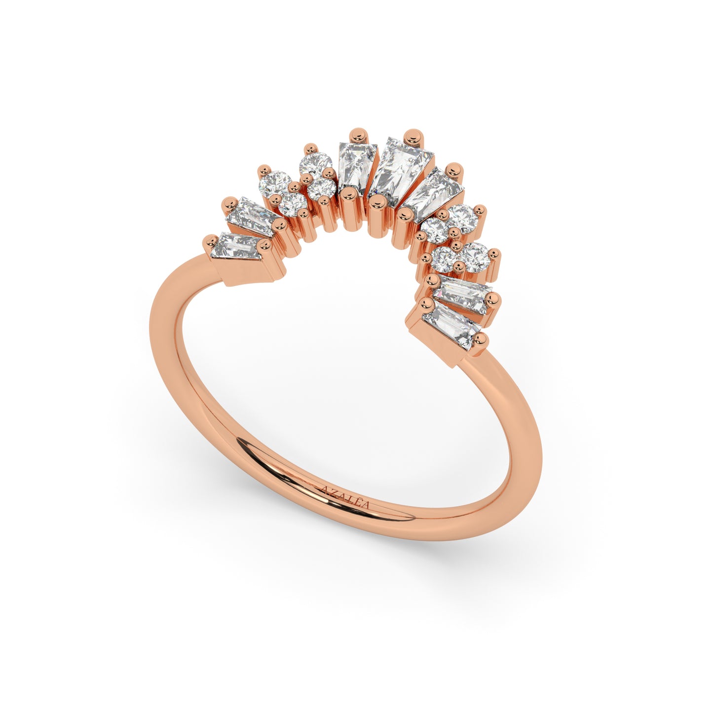 Curved Gold Baguette Round Diamond Wedding Band
