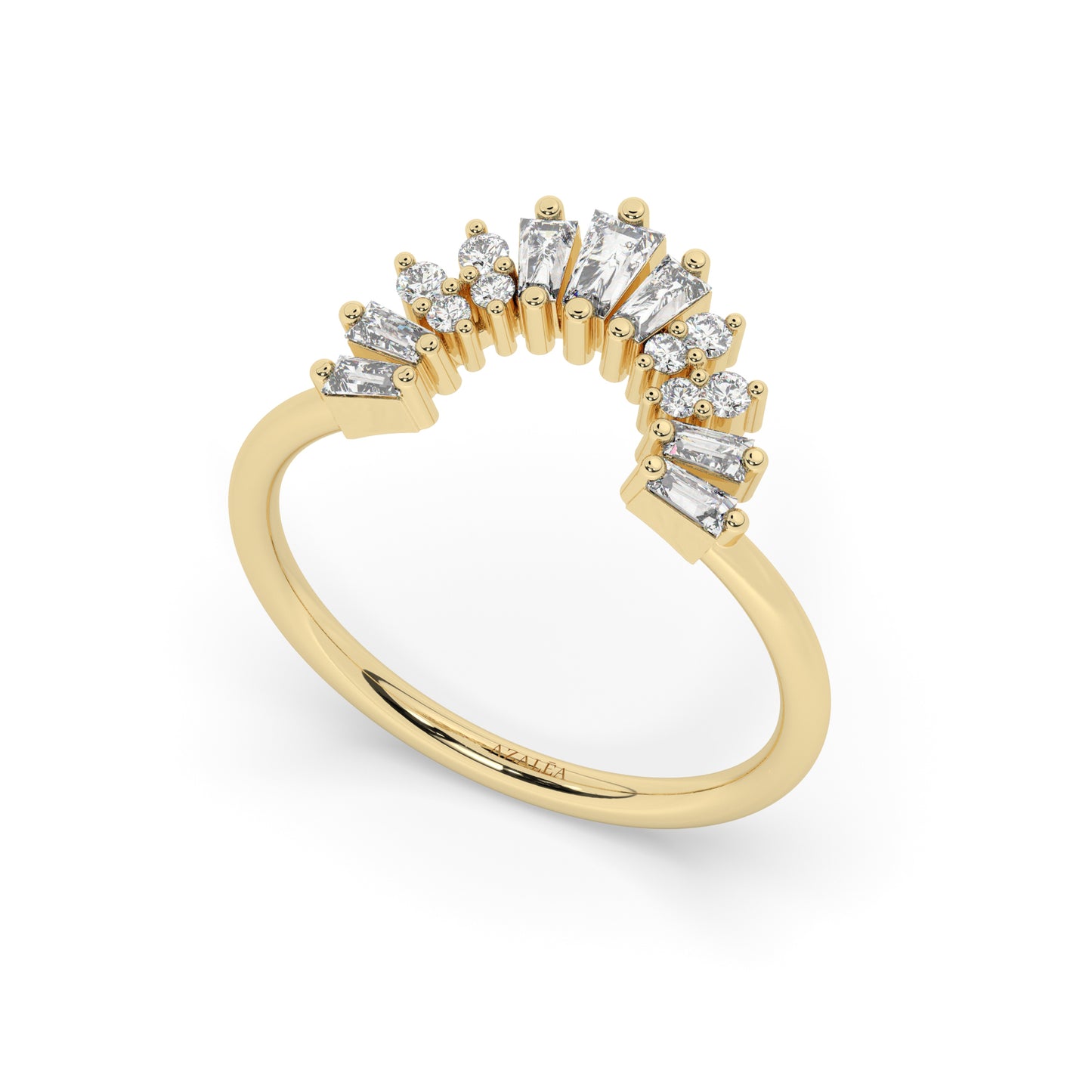 Curved Gold Baguette Round Diamond Wedding Band