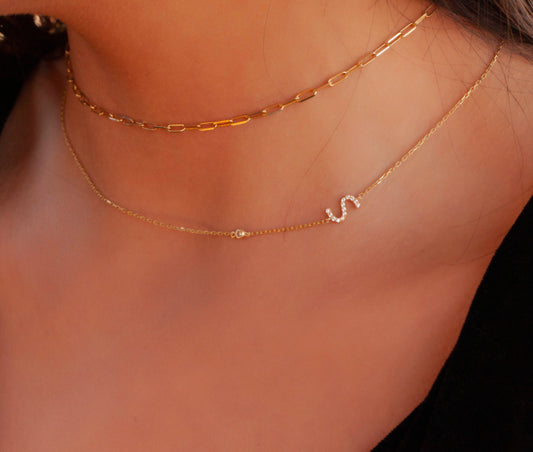 Diamond Single Initial Necklace with Solitaire Bezel Diamond