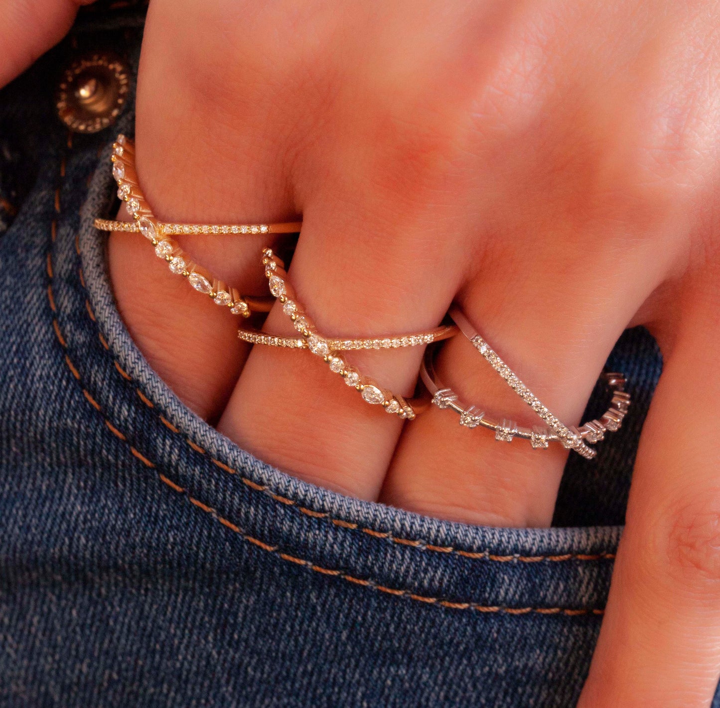 Gold Marquise and Round Diamond Criss cross Stacking Ring