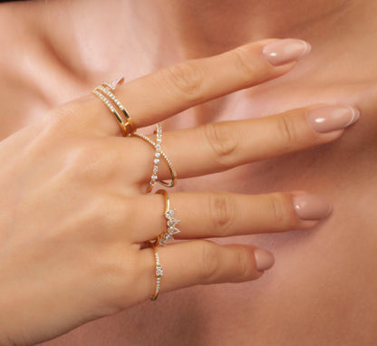 Gold Marquise and Round Diamond Criss cross Stacking Ring