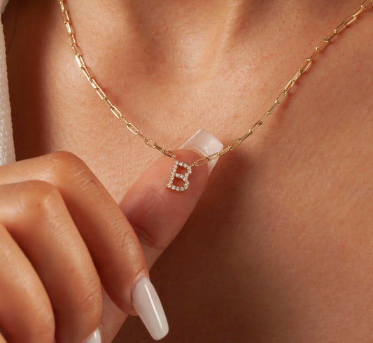 Diamond Initial Necklace with paperclip chain