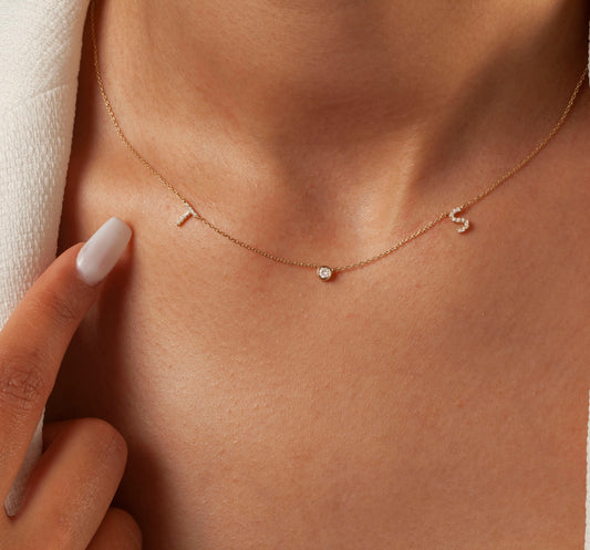 Diamond Double Initial Necklace with Solitaire Bezel Diamond