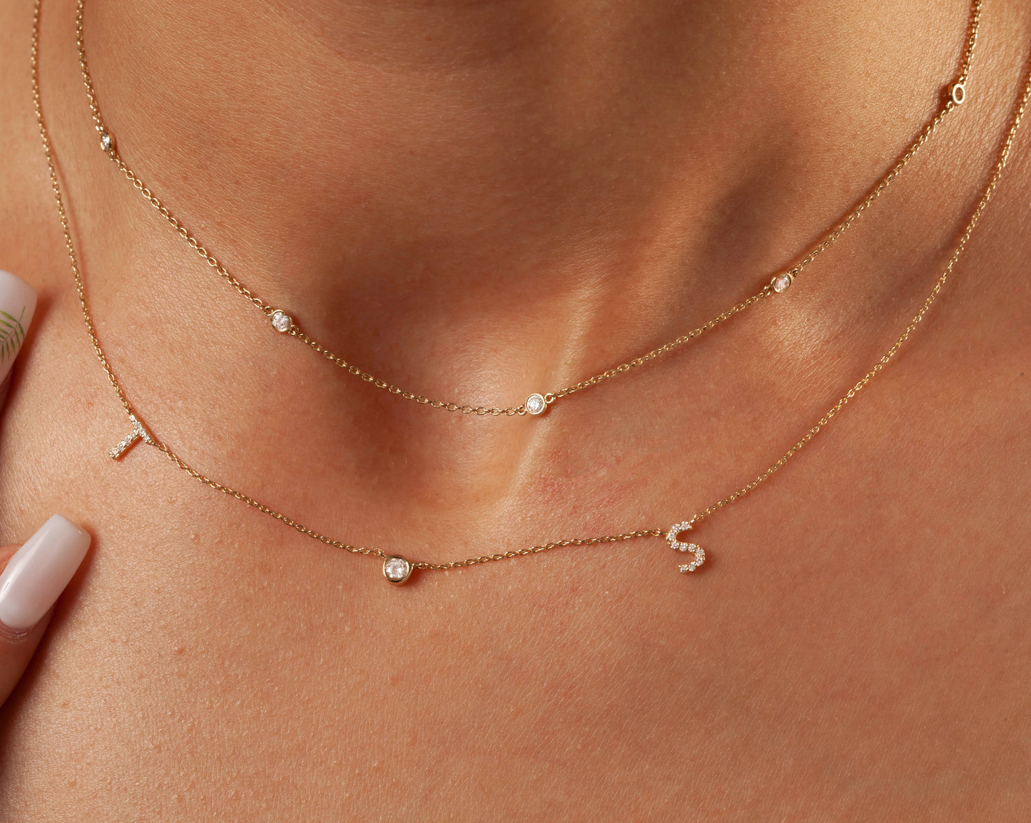 Diamond Double Initial Necklace with Solitaire Bezel Diamond